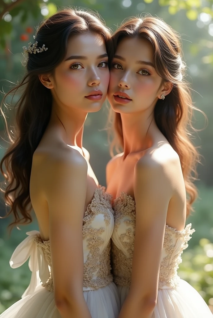 (masterpiece, highest quality, official art, beauty and aesthetic), perfect anatomy, two stunning bride is deeply in love with each other, kiss, flower