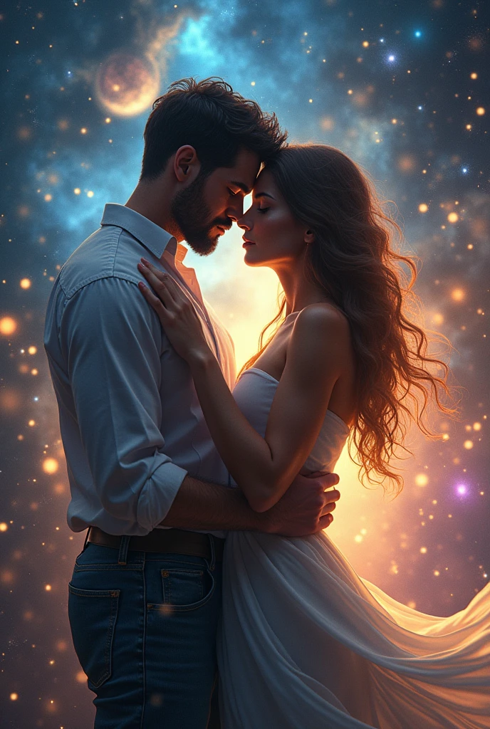 A man and a woman with their arms intertwined ,on a galactic background 