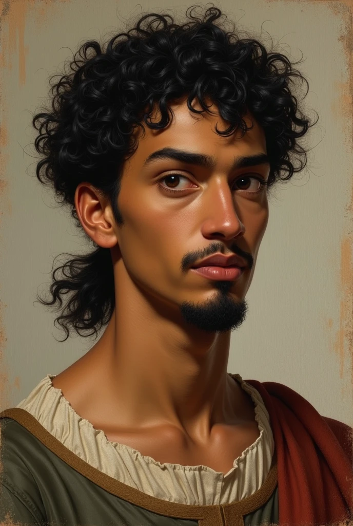 Make a Renaissance art of a young man, with very curly black hair, He wears a very short mullet. He's brown, with goatee and short mustache. He has a triangular face. It is accompanied by some fine dark circles. Make it really renaissance.