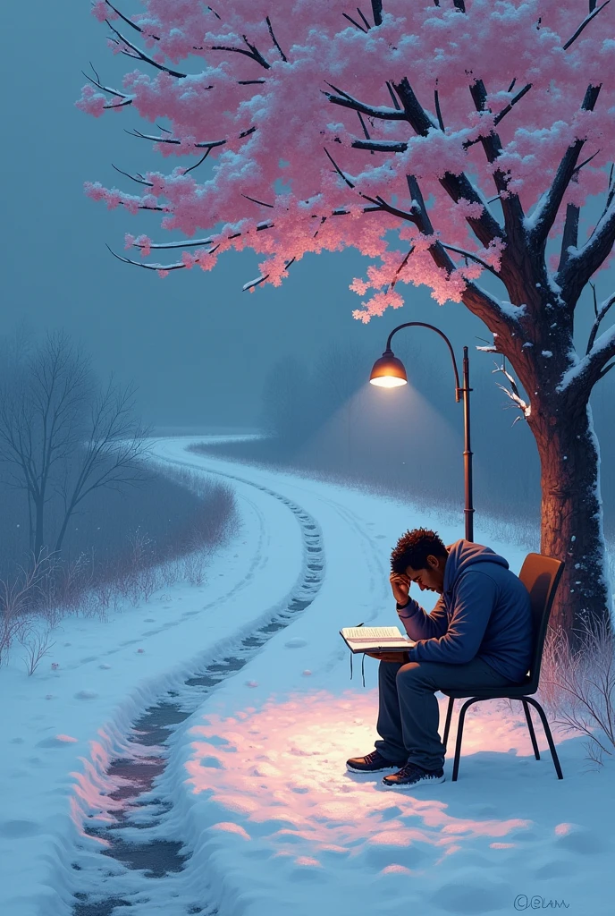 I want a snowy road with signs of Adam walking on it, and on the edge of the road there is a black man who looks scared and suffering and is sitting on a chair under a bright lamp and under a cherry blossom tree, writing in a notebook with his right hand and holding his hair with his left hand 