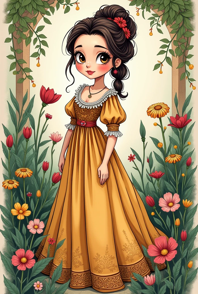 Drawings Female lineart character in Pixar style with Renaissance clothing on the side with a garden background as if it were hand drawn graffiti
