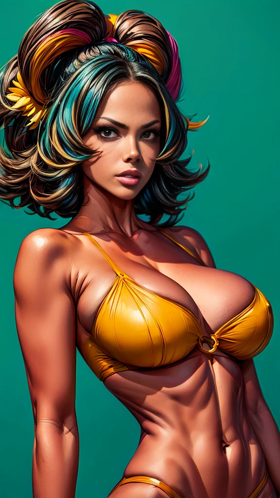 1girl,Latina, Adult Model Daisy Marie,cel shading,bold outlines,flat colors,sharp shadows,graphic style,(manga influence),clean linework,(striking visuals),multicolored background