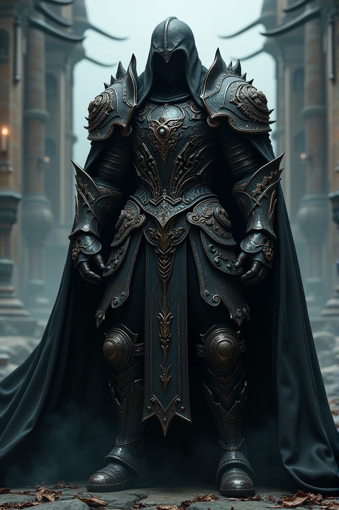 realistic dark fantasy warrior in black suit, intricate detailed armor, dark fantasy, hyper-detailed, 4k, high quality