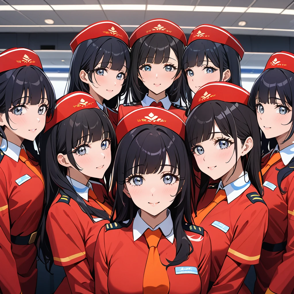 ((Highest quality)), ((masterpiece)), (detailed), （Perfect Face）、The woman is Reika Aoki with semi-long hair、The woman is a flight attendant for a Chinese airline.、Five flight attendants in red uniforms taking a group photo