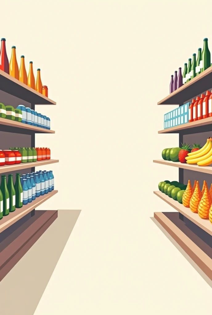 Generate a simple vector illustration, of two aisles of shelves, in the first bottles and cans, and on the other shelf fruits, like strawberry, banana and pineapple