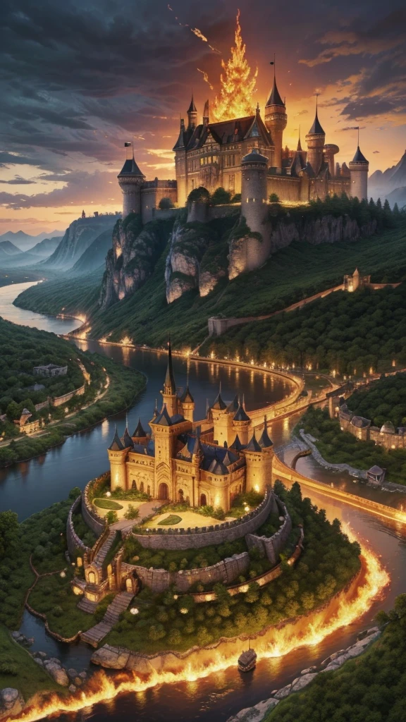 A kingdom of fire with a great castle in the center, small houses around and flaming rivers that surround the place along with its lush vegetation, in the skies the sun shines along with its golden dragons