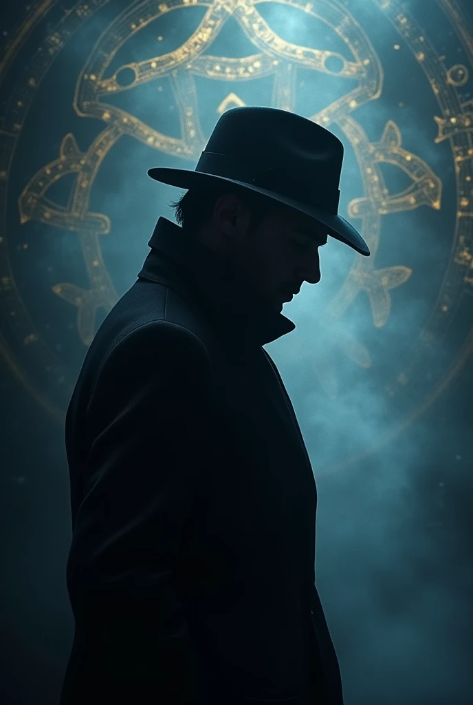 A mysterious silhouette of a detective with a hat, partially shrouded in shadows. Ao fundo, a dense fog reveals fragments of enigmatic symbols and ancient maps, creating an intriguing and mysterious atmosphere. The color scheme should be predominantly dark blue and black tones., with gold details for the symbols, giving a touch of elegance and mystery to the profile.