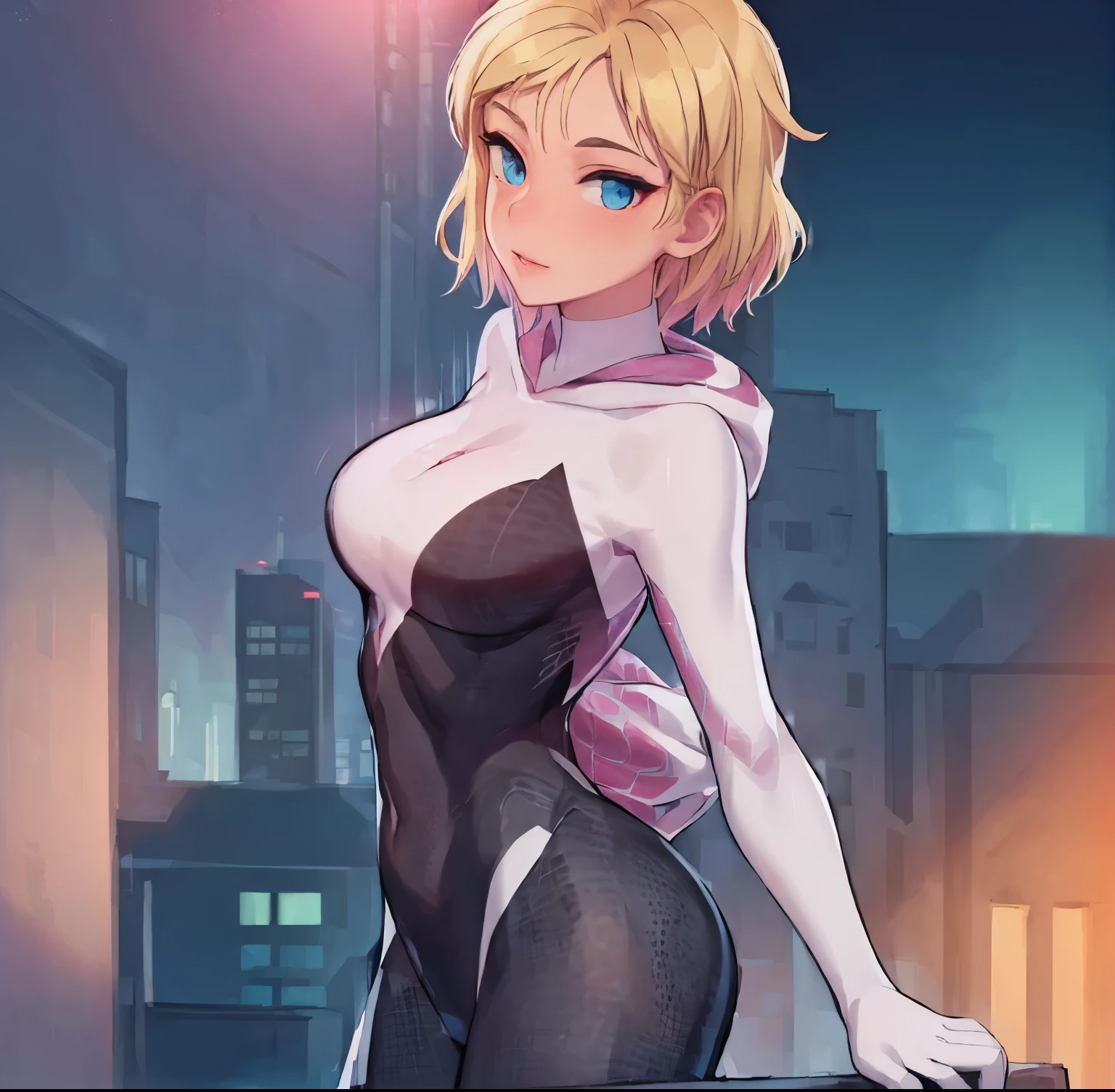 ((1girl)),((alone)),Gwen stacy,\( spiderman\),(masterpiece), (best quality), (ultra detailed), (best illustration), (best shadow), (absurdities), sharp focus, cowboy shot, atmospheric perspective, depth of field, dynamic posture, ((looking at viewer)), medium breasts, narrow waist, medium hips, wide thighs, round butt, erotic, romantic, (highly detailed eyes, lips 1.1), very detailed eyes, eyes, Very detailed face, Very beautiful face, Symmetrical face, Aesthetic face, perfect face, perfect eyes, detailed eyelashes: 1.5), full height, beautiful slim figure, femininity, expressive appearance, elastic big breasts , sexuality, parted lips, (blue eyes), blonde hair, short hair, Ghost spider, gwen in a black suit with a spider in the center of her chest in white, organic looking suit, sticky forehead, symbiote, white eyes, curves, defined body,Perfect and beautiful body, perfect and beautiful, closed mouth, mocking smile, flirtatious expression,(sexy pose: 1.2), ((solo)), standing: 1.3,((outdoor, cityscape, city, rooftop of a skyscraper, buildings, leaning on a railing, buildings, night, city lights)), Looking forward, ((focus on breasts: 1.3)), point of view: (from the middle), perfect anatomy, perfect hands