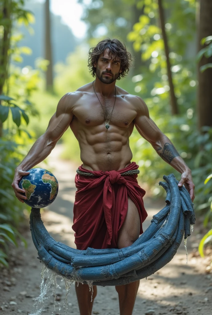 Muscle man, 35 years, clear skin, face with greek features, blue eyes, disheveled hair, naked, hairy medium penis, standing while holding the world, full body image(The best quality)), ((masterpiece)), (Details), perfect face, High Definition, masterpiece,4k,Details clearly