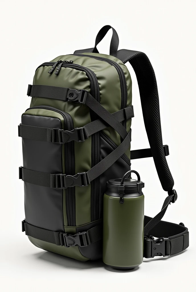 Blueprints for a black and white military green military backpack that has a backpack purifier built into the inside of the backpack on the right side
