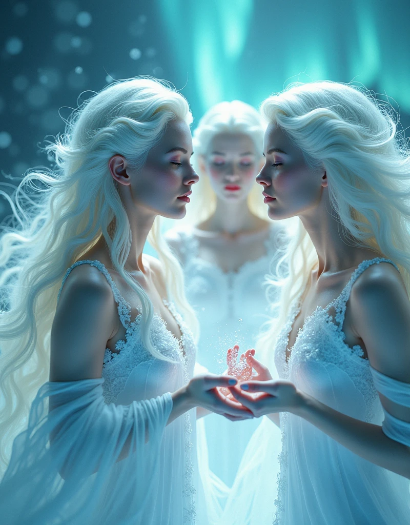 masterpiece,Distinguished Quality,Mirror-like,Cinematic Experience,insanely detailed,absurdres),8k,wallpaper,(Ray Tracing),3 females goddesses together,,Beautiful Shii Women,(God the Lady of Light is floating in the air:2.0),(front:2.0),”(A body made up of white light particles:2.0)”,BREAK(White Hair:2.0),(White skin:2.0),Portrait of a goddess,(god々Shii:2.0),(fantasy digital art:2.0),(Upper body close-up:2.0),(super sexy:2.0),(Diffuse reflection of light:2.0),BREAK(The background is the beautiful Aurora:2.0),(Beautiful face,Detailed face,Beautiful skin texture:1.3,Beautiful Hair),(Detailed hands:2.0),(Beautiful hands:2.0)