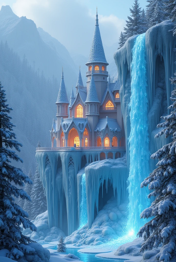 Majestic palace carved into the side of a towering, crystalline waterfall, its frozen facade aglow from within. Snow-covered trees and glittering ice formations dot the winter wonderland landscape. Delicate towers and spires resemble intricately crafted ice sculptures, as if the very essence of frost has been sculpted into architecture.