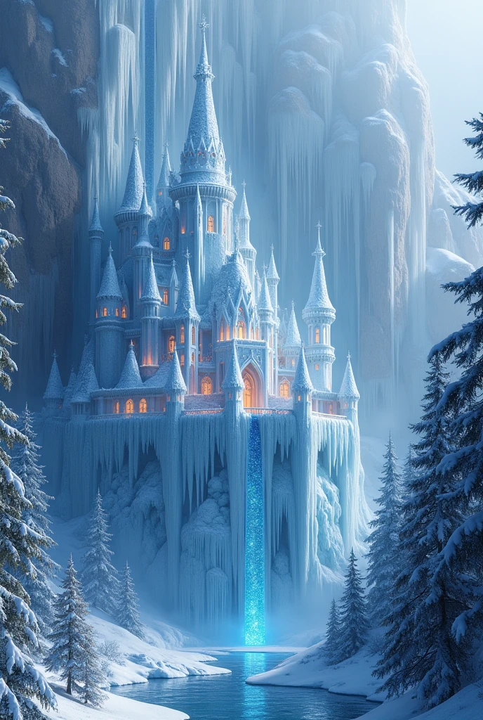 Majestic palace carved into the side of a towering, crystalline waterfall, its frozen facade aglow from within. Snow-covered trees and glittering ice formations dot the winter wonderland landscape. Delicate towers and spires resemble intricately crafted ice sculptures, as if the very essence of frost has been sculpted into architecture.