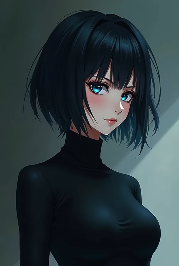 Anime、Tall woman、Black short hair、Deep blue eyes、Yandere、