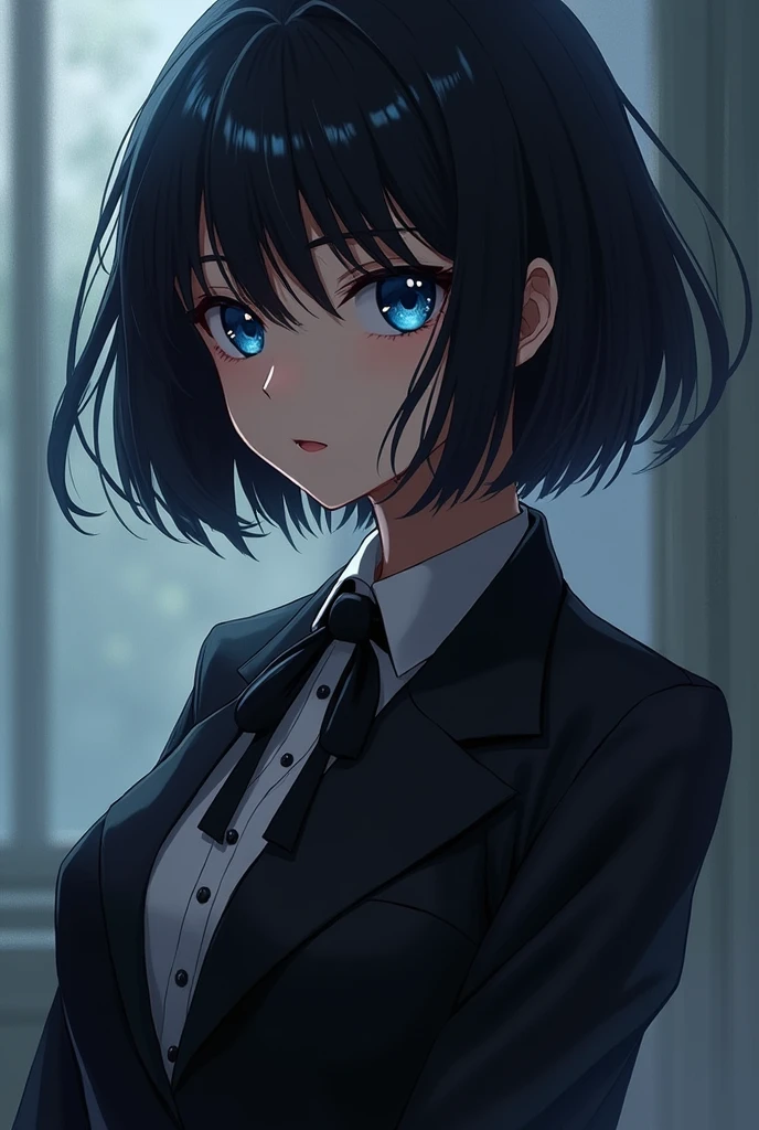 Anime、Tall woman、Black short hair、Deep blue eyes、Yandere、