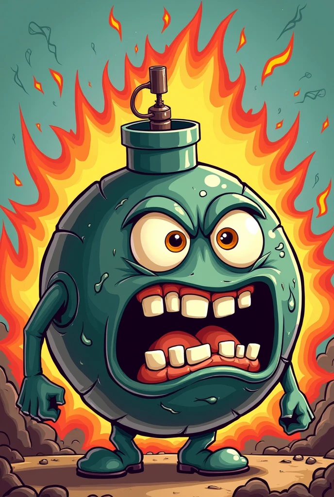 A bomb with eyes in a cartoon style, very angry and about to blow up
