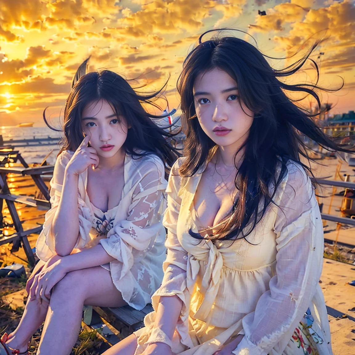 (masterpiece), (Highest quality), photograph, Identical twin sisters, Portraiture, side look Portraiture, winning award photograph, Messy Hair, the wind is strong, Outdoor, sunset, Sexy Dress