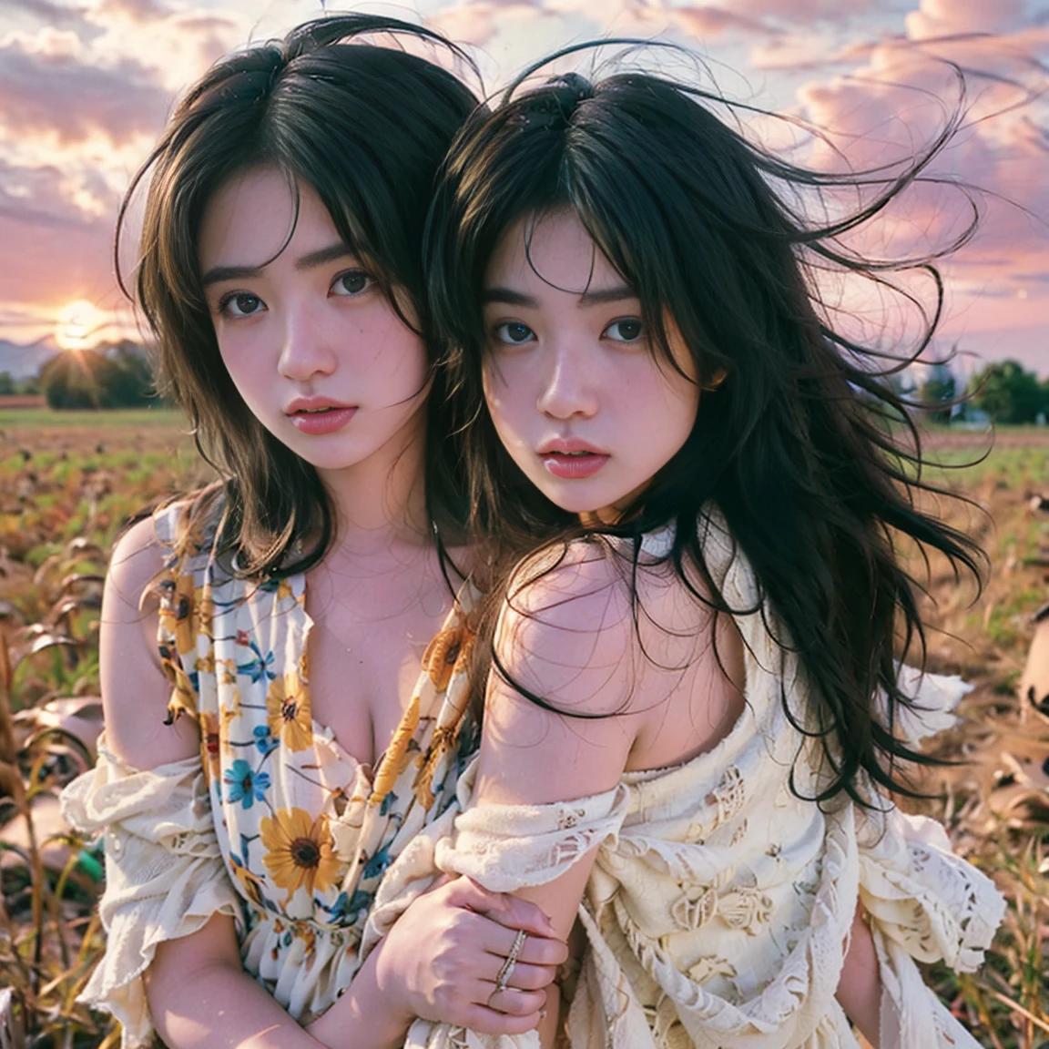 (masterpiece), (Highest quality), photograph, Identical twin sisters, Portraiture, side look Portraiture, winning award photograph, Messy Hair, the wind is strong, Outdoor, sunset, Sexy Dress