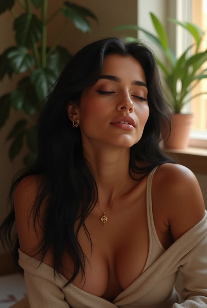 (photorealism:2.2), beautiful Arabic woman on orgasim cases, having sex ,she is totally naked ,
long black smooth hair, indoors, soft lighting, plants in background, window with sunlight, cozy room, relaxed pose, realistic, intricate details, warm colors,
8k details