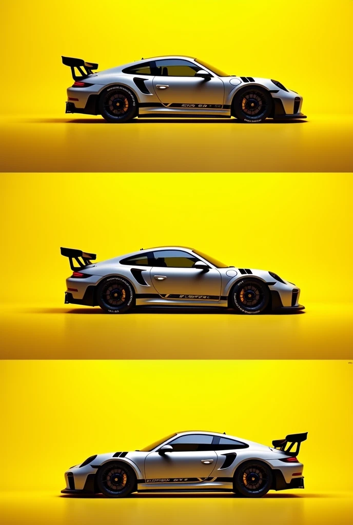 Several photos front, side and rear of the same Porsche with a yellow background with GT3 written on it