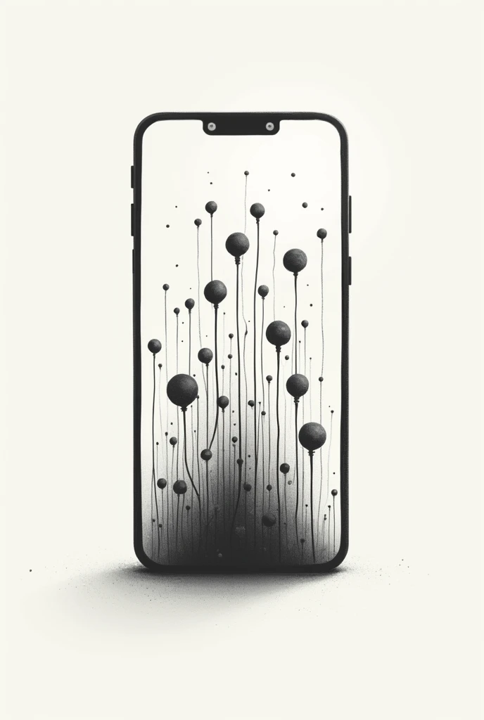 Make an abstract drawing that has a cell phone and inside it the representation of social networks in black and white