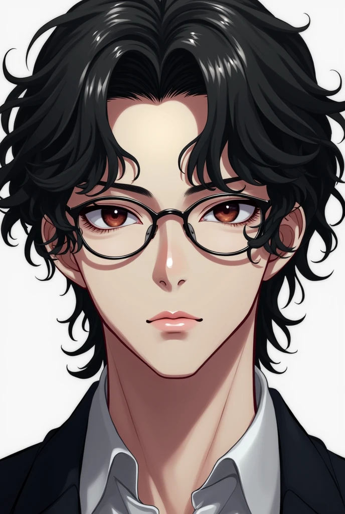 Handsome anime guy , black hair , thin circle glasses, sleep eye curly hair , serious face , black eye ,  white skin, no color on the lips , hair all down