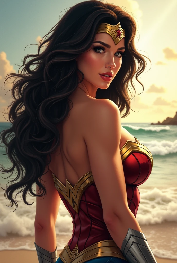 Photographic portrait of Wonder Woman, Sexy, wavy-haired superheroine, by artgerm, in the style of realism, glowing skin, Cartoon, mangacore, natural lighting, Defined full lips. Female body fitness muscle (domino mask) (back view)