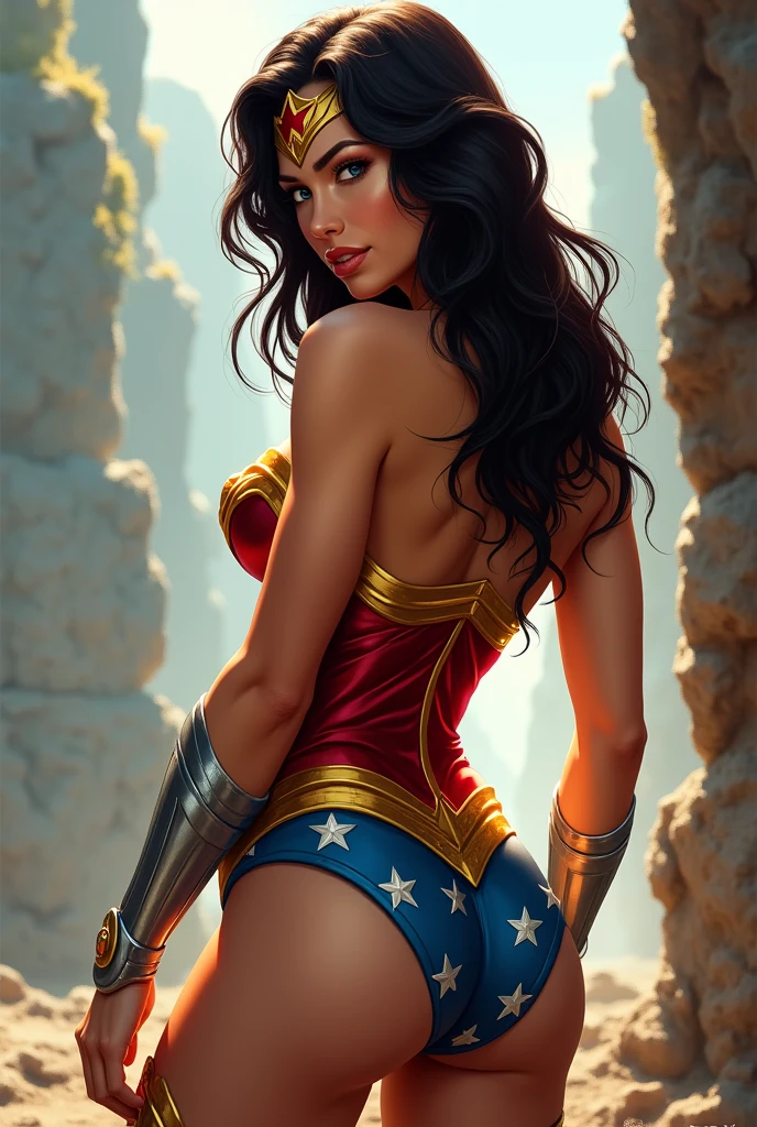 Photographic portrait of Wonder Woman, Sexy, wavy-haired superheroine, by artgerm, in the style of realism, glowing skin, Cartoon, mangacore, natural lighting, Defined full lips. Female body fitness muscle (domino mask) (back view)
