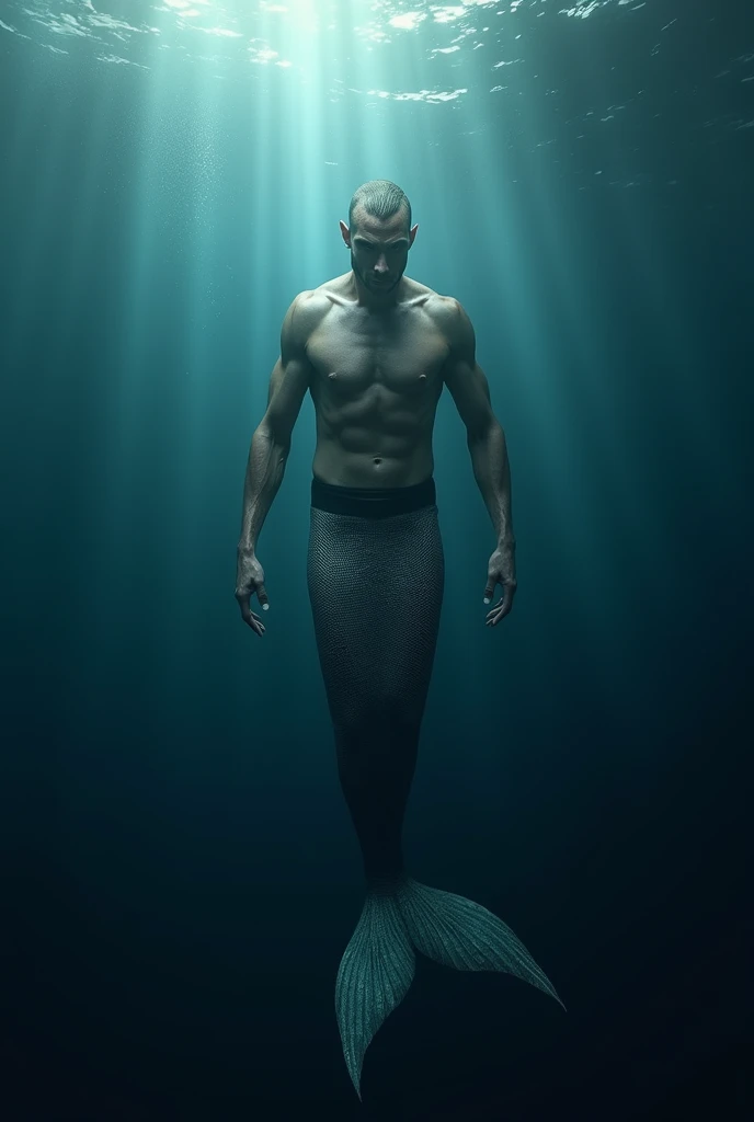 realistic photo of a newt (mythological being half fish half human) strong and handsome male merman in the dark seabed, it illuminated only by a ray of light, he swimming towards the surface, deep blue ocean, with an air of immensity, long and row legs joined indivisible