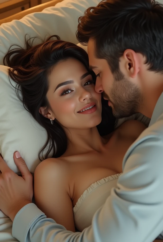 (photorealism:1.2), beautiful woman 172 cm tall with chubby and soft cheeks, lean in a bed with a 40 y.o man 160 cm tall,who touching her cheek