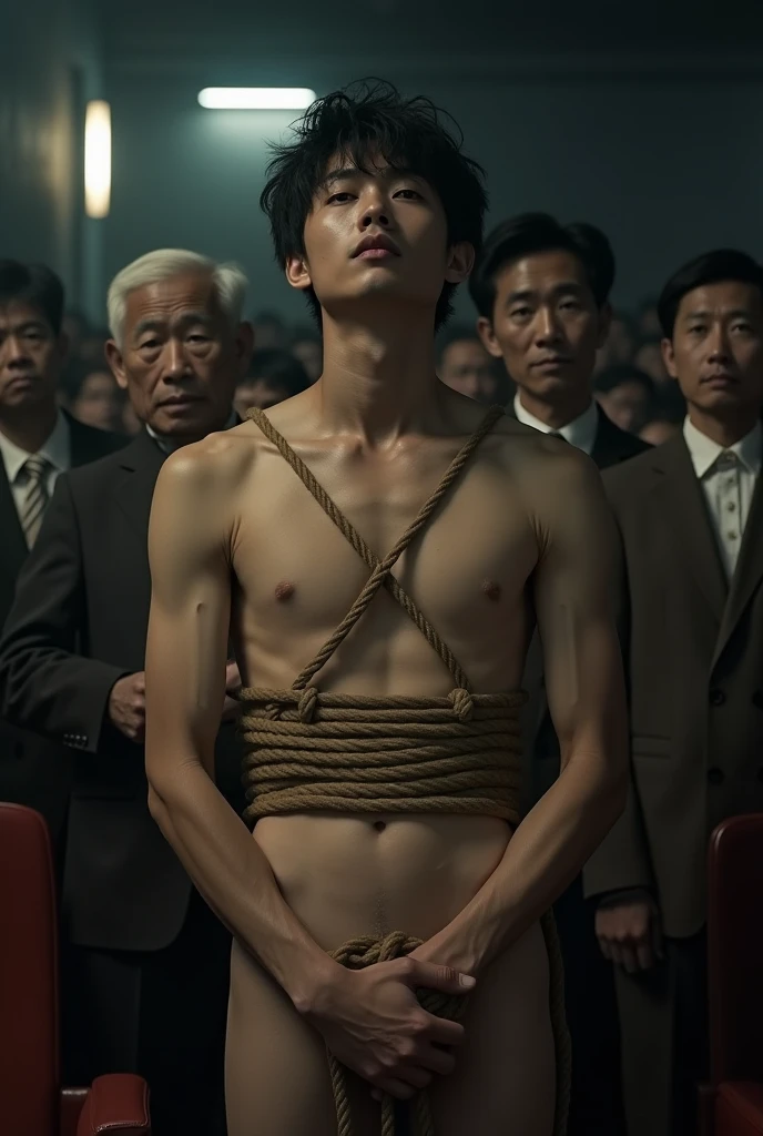 1boy、Handsome Men、Japanese male, 、Completely naked、Full nudity、erection、Huge penis、Slim body、Highest quality、Realistic、beautiful、Sad look、 ((((Completely tied up with rope)))), ((((A very tight rope is crisscrossed over the chest)))),(((Body bound with tight rope)))、whole body、Surrounded by old people、night、Dim lighting、darkness、Inside the movie theater