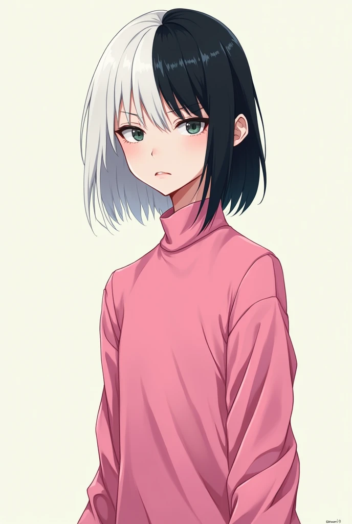 A Skin Man:Clear Eyes:brown Style:anime body:thin and tall Hair:short parted in half one side white and the other side black Clothes:A pink shirt