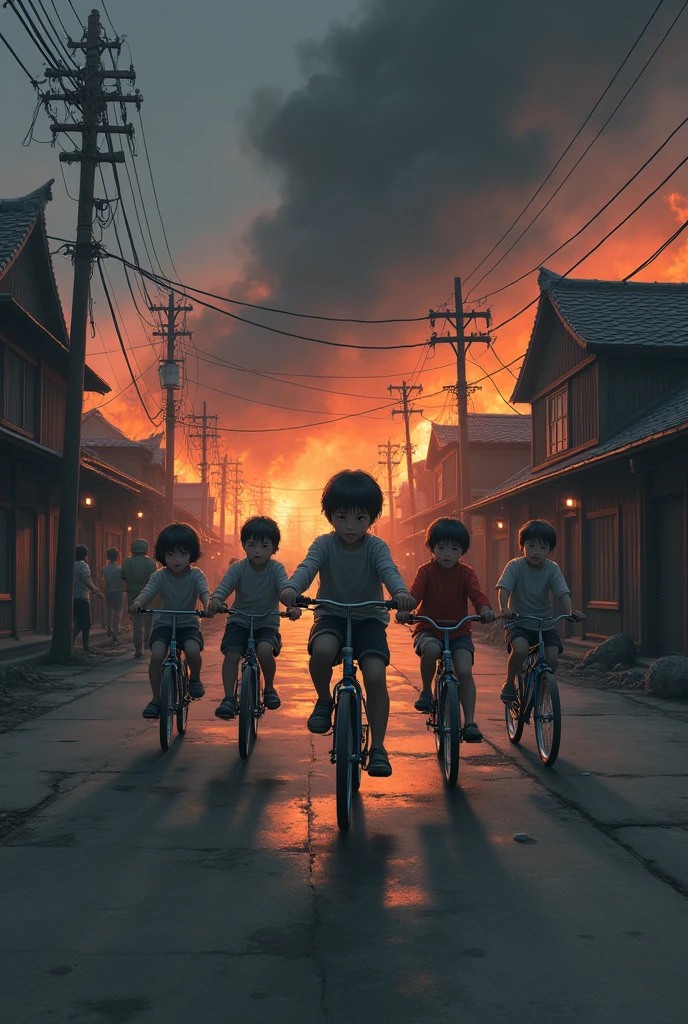 8 !! enfants entre 4 et 11 ans sont en vélo il sont sur une route en béton,en arrière plant il y a la guerre avec des guerre ,les maisons en feu et beaucoup de fumée,les villageois pleur et des soldats cours , il fais nuit noir c'est un vieux village avec des maisons japonaise 
En style réaliste 