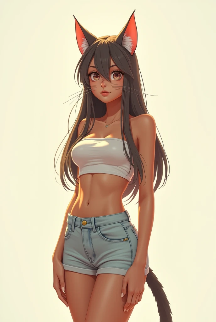 Anthropomorphic female cat with sleek, long fur, wearing a white crop top and light denim shorts. Her eyes are wide and curious, with long, flowing whiskers. She stands confidently, her pose exuding grace and poise. The scene is set against a simple, bright background, with a realistic yet whimsical, cartoon-like twist."