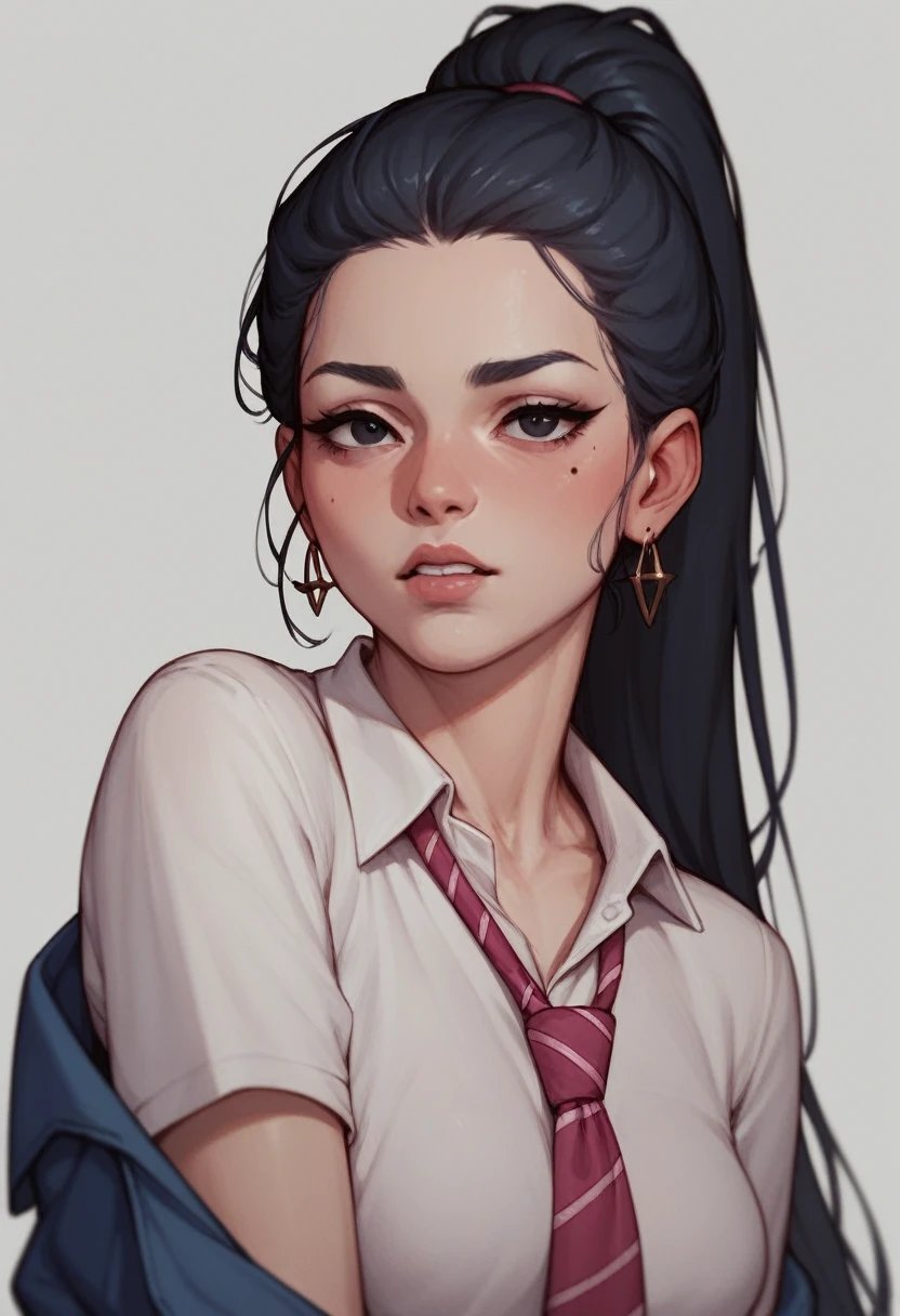 Anime girl drawing in art class with black long ponytail hair and black eyes and pink school outfit