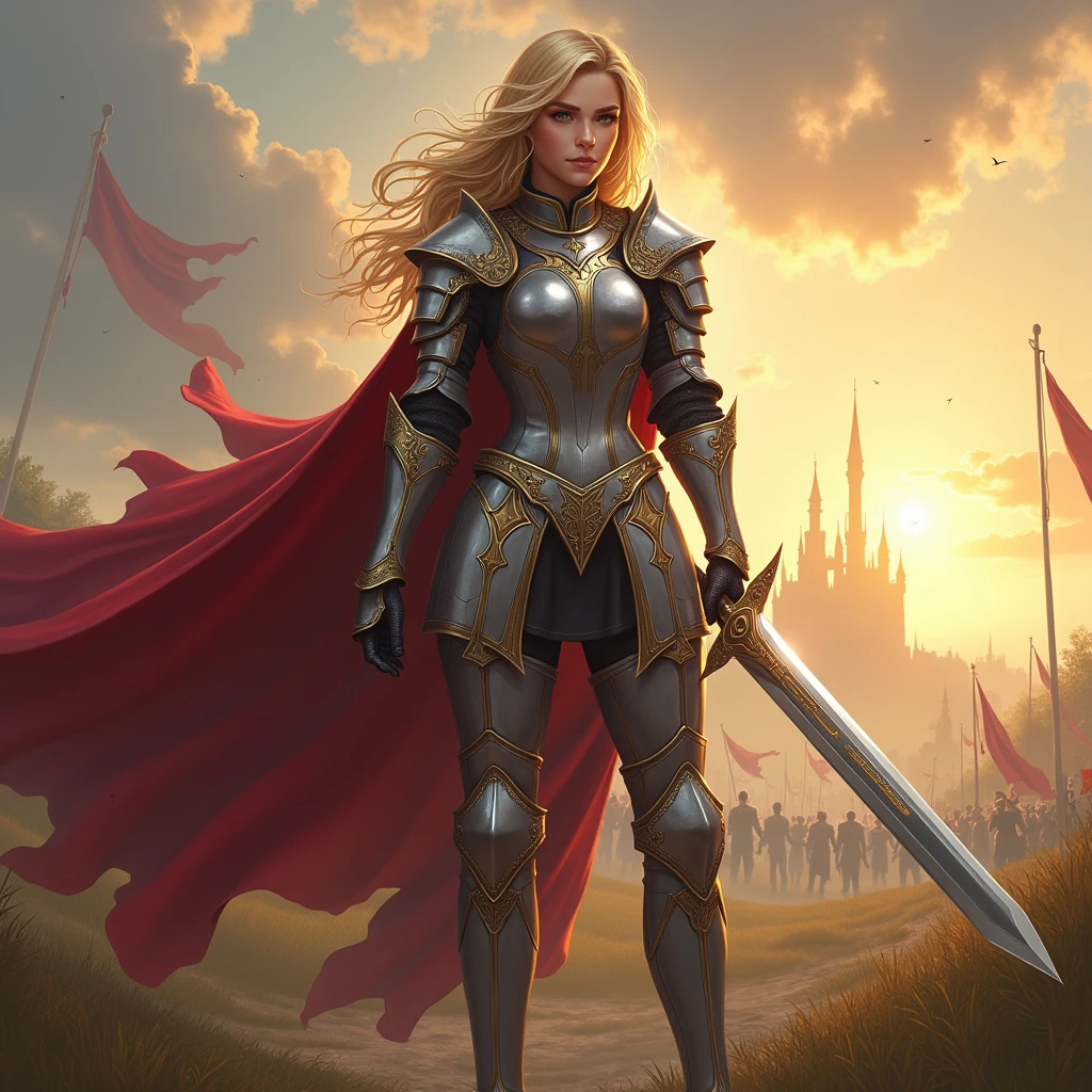 Create a full body image of Zyra Luminblade, a noble-looking knight. Hyperrealistic style similar to detailed historical illustrations. It shows a tall, athletic woman with bright golden hair.. He wears silver plate armor with finely crafted gold detailing and a red silk cape.. In his hand, He holds a polished steel sword that reflects the light. His pose is heroic and determined.
The background shows a sunrise over a medieval battlefield, with waving banners and distant castles. Lighting should create a dramatic effect, with the light of dawn reflecting off Zyra&#39;s armor.
Make sure every detail is sharp and visible:

Determined facial expression with eyes that reflect courage and nobility.
Realistic metal texture of the armor with detailed engravings and perfect polishing.
The sword must show inscriptions and a flawless edge..
The coat should have a natural movement, waving slightly in the wind.
The ground beneath your feet should show trampled grass and signs of recent battle..

Use a color palette dominated by silvers, Gold and red to emphasize the noble and warrior nature of the character."