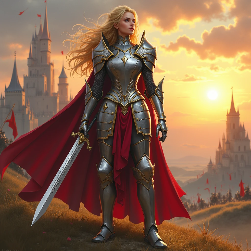 Create a full body image of Zyra Luminblade, a noble-looking knight. Hyperrealistic style similar to detailed historical illustrations. It shows a tall, athletic woman with bright golden hair.. He wears silver plate armor with finely crafted gold detailing and a red silk cape.. In his hand, He holds a polished steel sword that reflects the light. His pose is heroic and determined.
The background shows a sunrise over a medieval battlefield, with waving banners and distant castles. Lighting should create a dramatic effect, with the light of dawn reflecting off Zyra&#39;s armor.
Make sure every detail is sharp and visible:

Determined facial expression with eyes that reflect courage and nobility.
Realistic metal texture of the armor with detailed engravings and perfect polishing.
The sword must show inscriptions and a flawless edge..
The coat should have a natural movement, waving slightly in the wind.
The ground beneath your feet should show trampled grass and signs of recent battle..

Use a color palette dominated by silvers, Gold and red to emphasize the noble and warrior nature of the character."