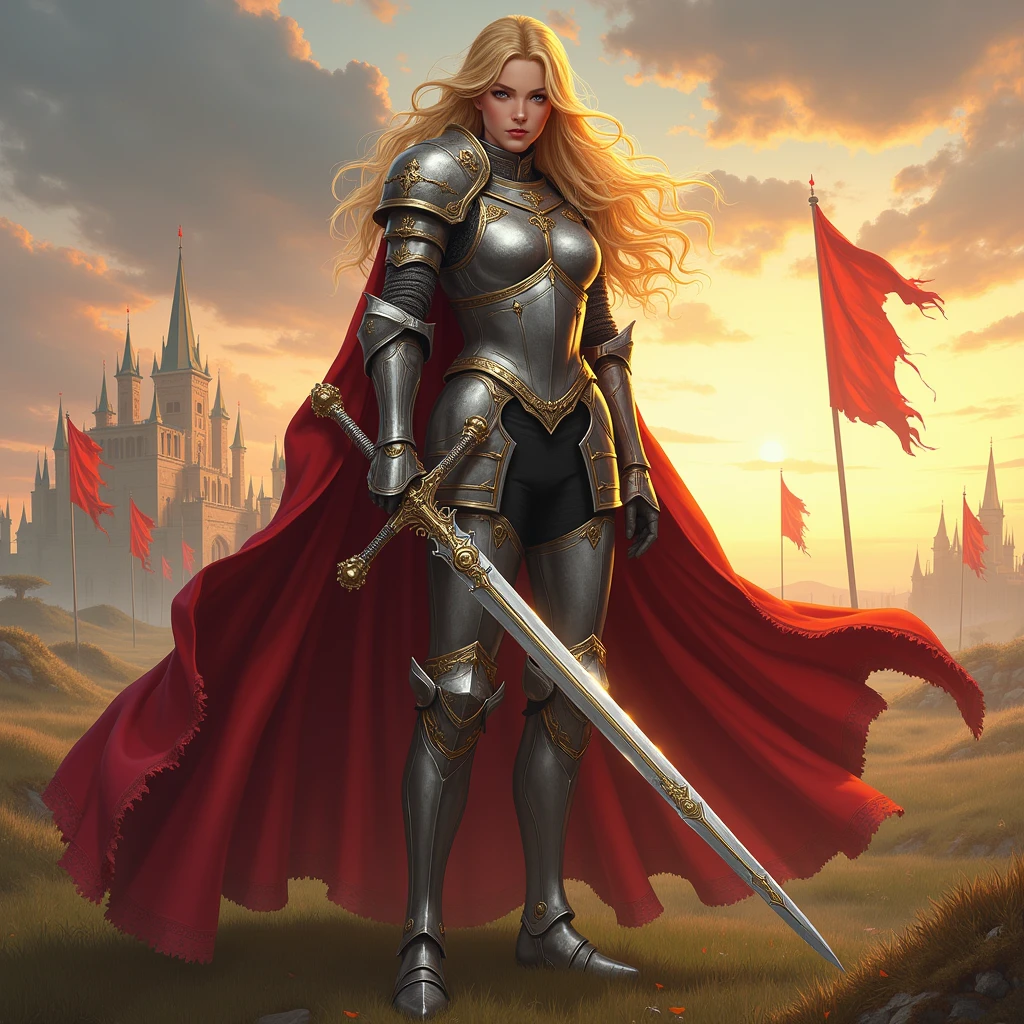 Create a full body image of Zyra Luminblade, a noble-looking knight. Hyperrealistic style similar to detailed historical illustrations. It shows a tall, athletic woman with bright golden hair.. He wears silver plate armor with finely crafted gold detailing and a red silk cape.. In his hand, He holds a polished steel sword that reflects the light. His pose is heroic and determined.
The background shows a sunrise over a medieval battlefield, with waving banners and distant castles. Lighting should create a dramatic effect, with the light of dawn reflecting off Zyra&#39;s armor.
Make sure every detail is sharp and visible:

Determined facial expression with eyes that reflect courage and nobility.
Realistic metal texture of the armor with detailed engravings and perfect polishing.
The sword must show inscriptions and a flawless edge..
The coat should have a natural movement, waving slightly in the wind.
The ground beneath your feet should show trampled grass and signs of recent battle..

Use a color palette dominated by silvers, Gold and red to emphasize the noble and warrior nature of the character."