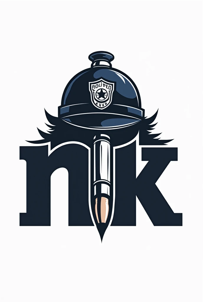 Make a logo with the following letters NK being in an action mode and with a bullet passing over it,and a police helmet on top