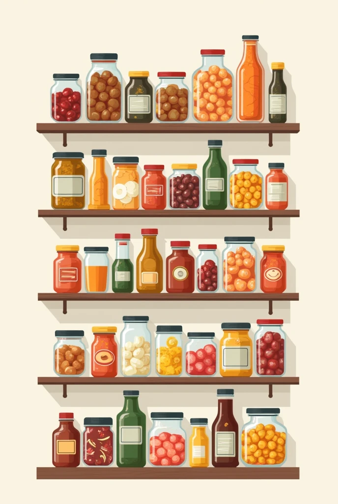 Generate a simple vector illustration, of an organized food shelf