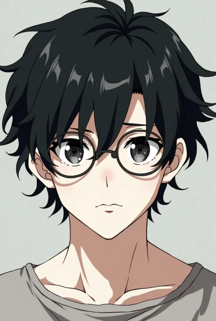 Handsome anime guy , black hair , thin circle glasses, sleep eye curly hair , serious face , black eye ,  white skin, no color on the lips , hair all down
Short hair
