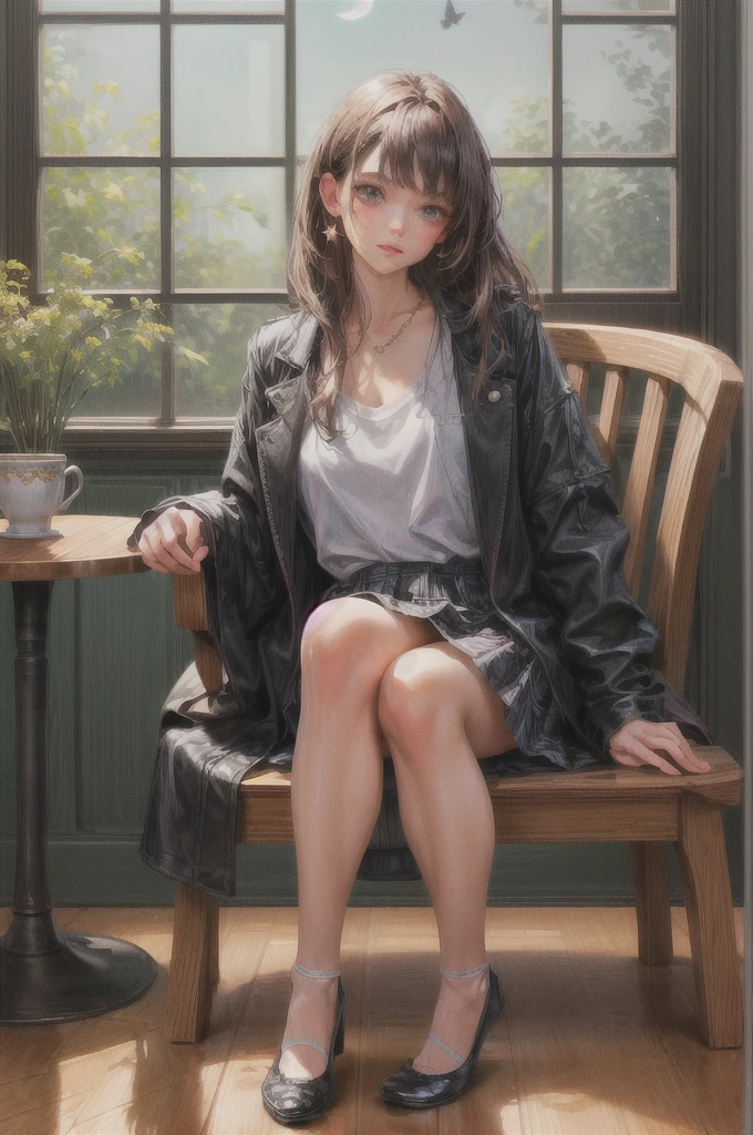 Girl, brown hair, blue eyes, full body, star earing, black coat, red bow, beautiful necklace, white t-shirt, black plaid skirt, ballerina flat shoes, huge chest, sitting on wooden chair, table, tea cup, books, mansion, wooden floor, red carpet, window, open window, petals, butterfly, seductive, night, moon, stars, smile, happy, High detail, Cinematic scene, Highest image quality, (8K), Ultra-realistic, Best Quality, High quality, High Definition, high quality texture, high detailing, Beautiful detailed, fine detailed, extremely details CG, Detailed texture, realistic representation of face, masterpiece, presence, Dynamic, Bold