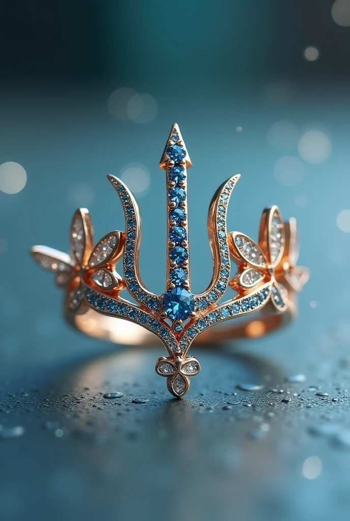 I want you to design a delicate psychology graduation ring Put the psychology trident and little butterflies, highlight the trident and place small blue stones in the pen