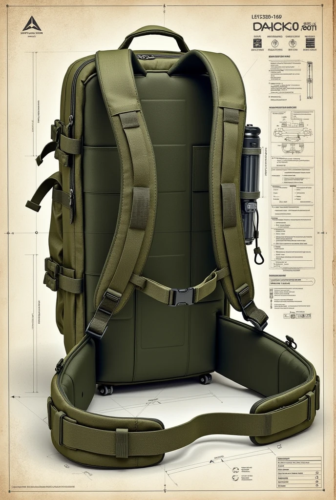 Blueprints for a military backpack in military green that has a backpack purifier built into the inside of the backpack on the right side

