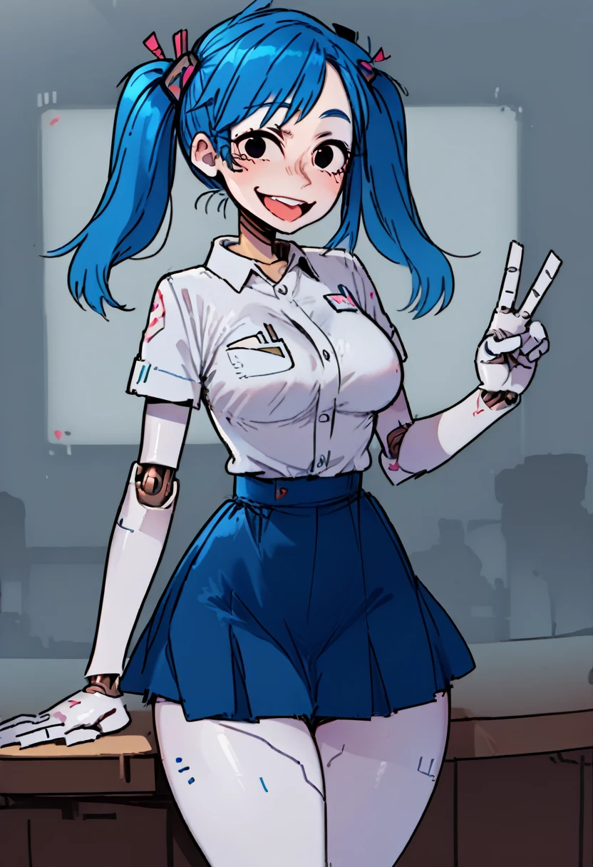 score_7_up, score_6_up, cartoon_source, 1girl, curvy, looking at viewer, detailed background, cowboy shot, v, very happy, from above, lab, wide shot, cute pose, 
xjo9OC, colored skin, white skin, robot joints, android, twintails, blue hair, black eyes, medium breasts, thick thighs, narrow waist, skirt,