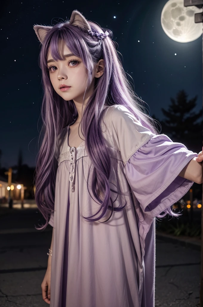 Pastel purple hair Wavy Long Hair Purple Eyes Halloween Wizard Dog ears night full moon Starry Sky live-action