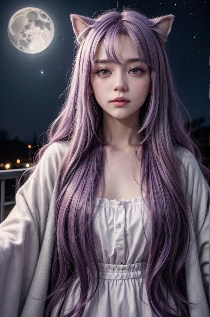 Pastel purple hair Wavy Long Hair Purple Eyes Halloween Wizard Dog ears night full moon Starry Sky live-action