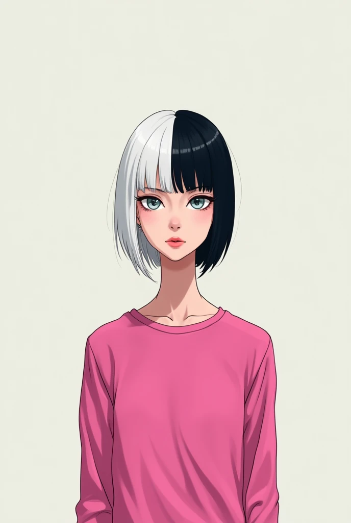 A Skin Man:Clear Eyes:brown Style:anime body:thin and tall Hair:short parted in half one side white and the other side black Clothes:A pink shirt