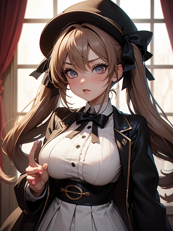 Starry eyes, it looks even more beautiful than immortal, Ahoge, hair, star-shaped pupils, amber eyes, colored contact lenses, blush, high detail, anime, romanticism, modern, gothic art, anime style, film lighting, ray tracing, motion rye, close-up, sony fe gm, uhd, high detail, top quality, 8k, big breasts, light brown hair, hat, twin tails, clean fingers, well-formed fingers, long jacket, ribbon, mystery, knitted hat, snow, anger, impatience