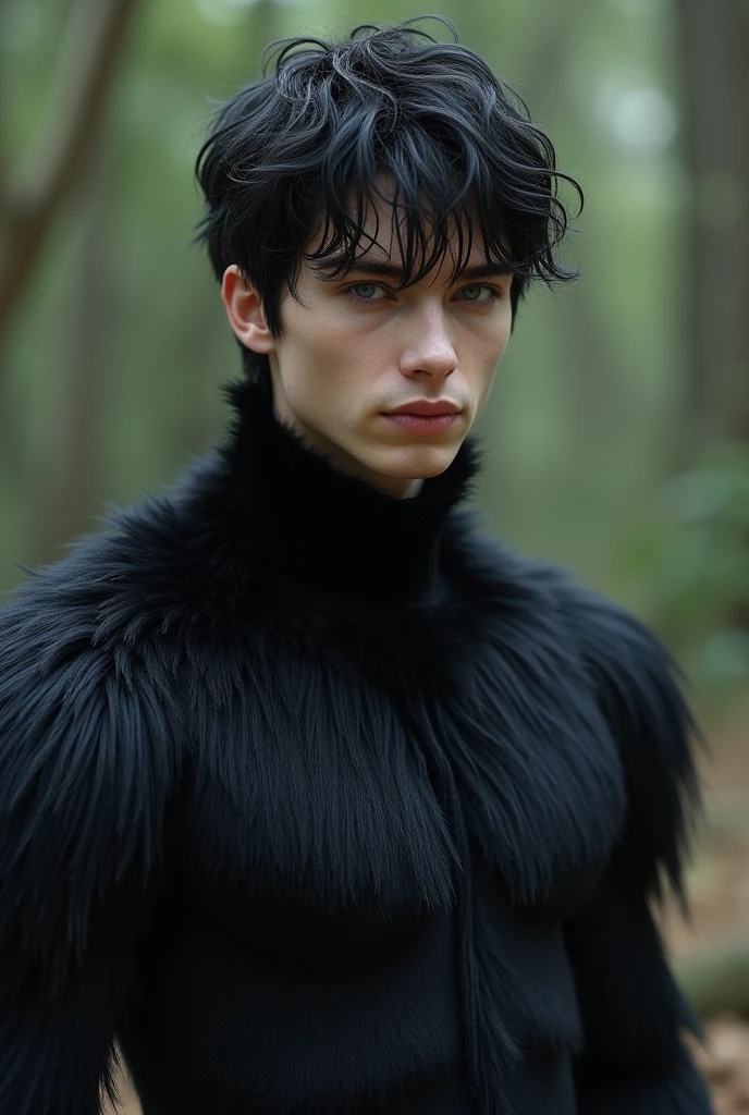 man, young, 24 years, delgado, black fur, blue eyes, Oval face, realist, human